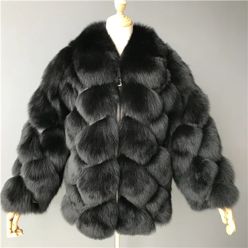 Женское зимнее пальто из натурального меха лисы с длинными рукавами, стильная женская верхняя одежда из натурального Лисьего меха - Цвет: Black