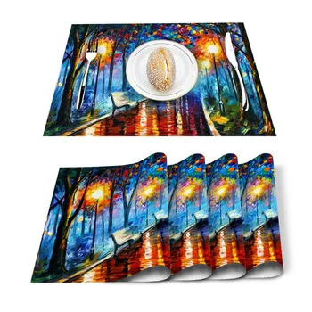 

Oil Painting Style Men Women Walk Park Placemat Washable Cotton Linen Table Cloth Pad Mat Rectangle Placemats Heat Resistant