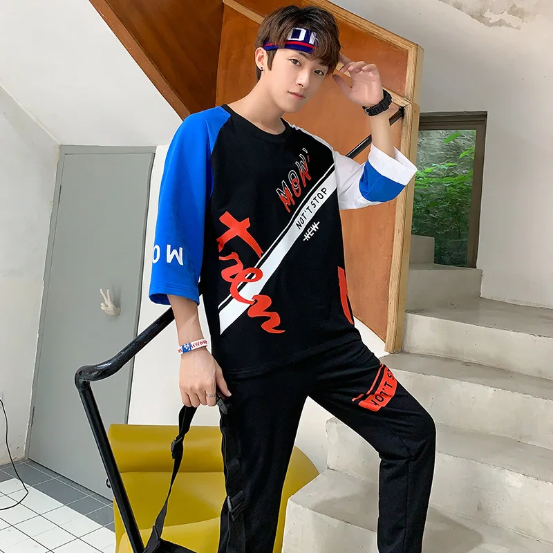 

19 Autumn Three-quarter-length Sleeve Set Male STUDENT'S Sports Two-Piece Set Fashion Loose-Fit Teenager Set Bt173