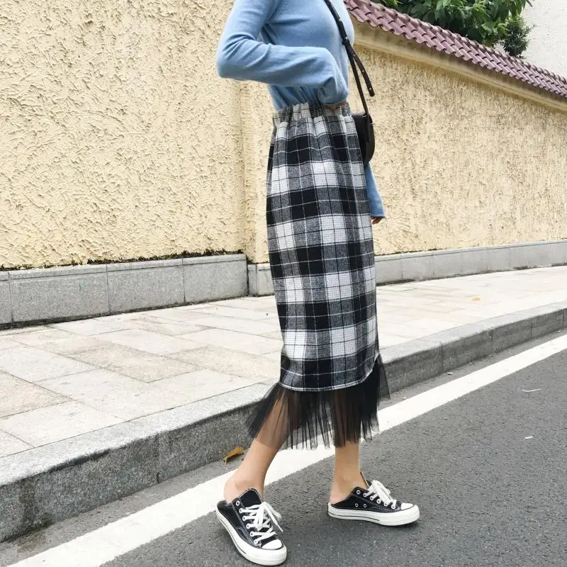black plaid Весна осень Женская длинная юбка винтажная клетчатая Лоскутная Сетка подол миди шерстяные юбки Эластичная Высокая талия jupe femme милые saia - Цвет: black plaid