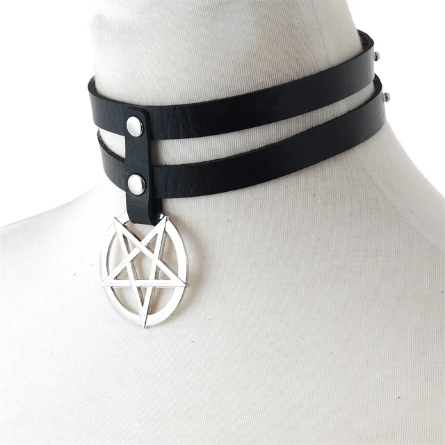 Gothic Leather Pentagram Choker Pagan Wicca Spiked Choker 