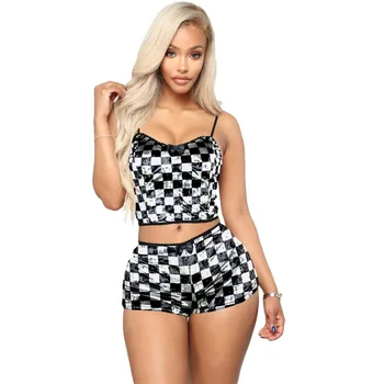 

ITFABS Women 2 piece set Velvet Sleepwear Sexy Spaghetti Strap Shorts Pajamas Suit Ladies Casual Sleepwear Female Pajama Set