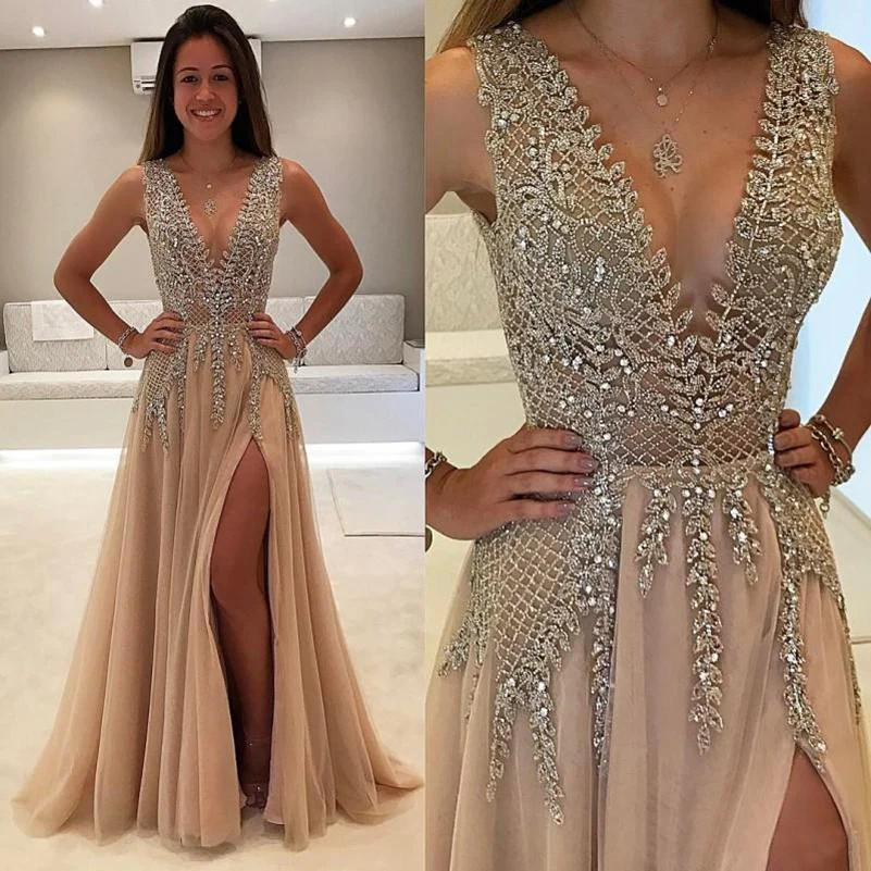 Пикантные длинные бисерные вечерние платья Роскошные Vestidos de gala с фатиновой юбкой платье с v-образным вырезом, Свадебная вечеринка строгие вечерние платья вечерние для женское платье Элегантная женская обувь на высоких каблуках с Разделение Пышное Платье вечерние Выходное платье для торжества Детское Белье для сна плюс Размеры изготовленный на заказ