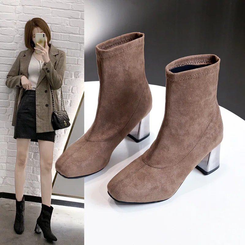 

Middle Boots Women's Tennis Red Stretch Boots 2019 New Style Spring Autumn Winter Martin Boots Chunky Heel High Heel Shoes Versa