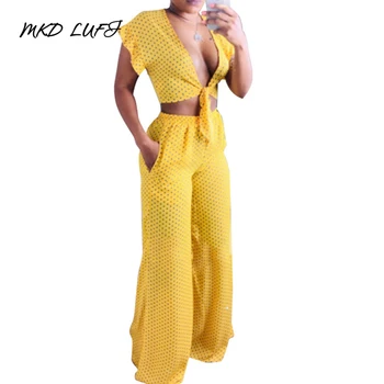 

Women Casual 2 Piece Set Outfits Dot Print Short Sleeve V Neck Tied Front Crop Tops & Pocket Design Wide Leg Pants Set