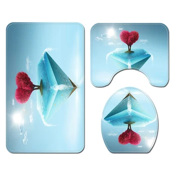 

Valentine's Day Bathroom Mat Bottom Red Heart Shaped Tree 3D Digital Printing Shower Curtains Carpet Floor Mat Combination