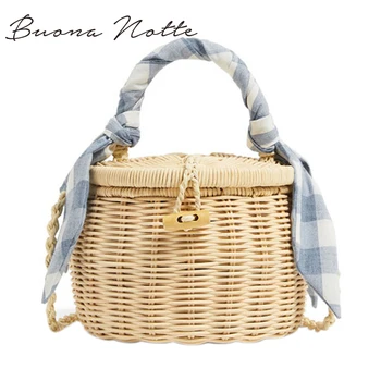 

Women Bucket Handbag Scarves Straw Beach Tote Bag With Cover Wicker Mini Basket Shoulder Crossbody Bags