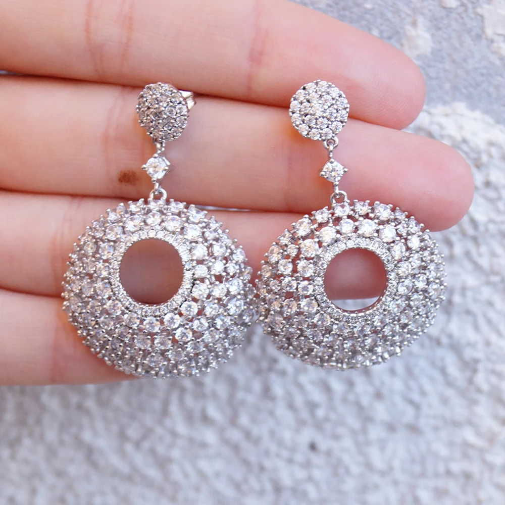 Luxury Beautiful Dangle Earring for Women Anniversary Gift Female Good quality AAA crystal Big Round Pendant Earrings