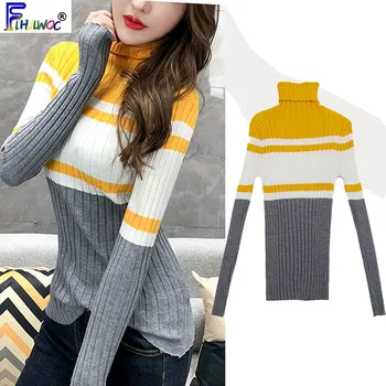

Winter Basic Pullovers Sweaters Women Slim Fit Bodycon Skin Sexy Purple Yellow Striped Turtleneck Knitted Pullover Top 1113