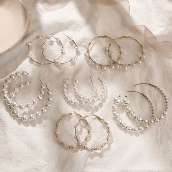 

Simple Plain Gold Color Metal Pearl Hoop Earrings Fashion Big Circle Hoops Statement Earrings For Women Party Jewelry Bridal New