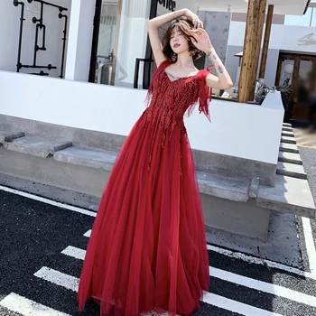 

Spaghetti Strap Formal Party Gown Red Lady Bride Wedding Dress Novelty Bling Beads Cheongsam Elegant Slim Mesh Qipao Vestido