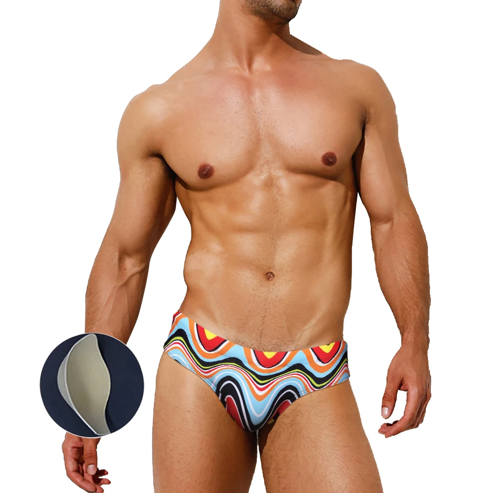 

New Men's Swim Trunks With Push Pads Fashion Print Bikini European American Sexy Low Waist Swimwear Summer Beach Surfing Sports