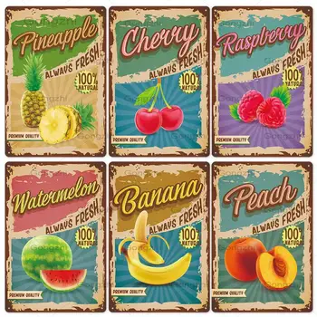 

Fruits Metal Plaque Iron Painting Vintage Pineapple Blackberry Cherry Tin Sign Plate Wall Decor For Fruit Shop Kitchen Decor