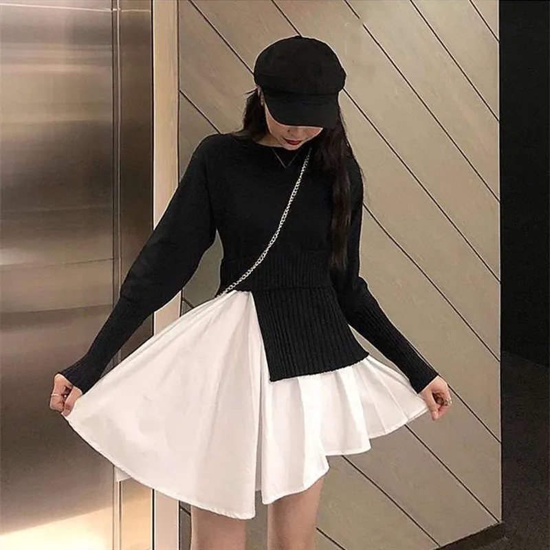 

Autumn Two Pieces Fake Knitted Sweater Female O-neck Long Sleeve Irregular Sweater Ruffles Patchwork Pullover