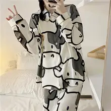 

New White Cow Pajamas Spring and Autumn Women's Long-sleeved Thin 2021 Plus Size Home Service Suit