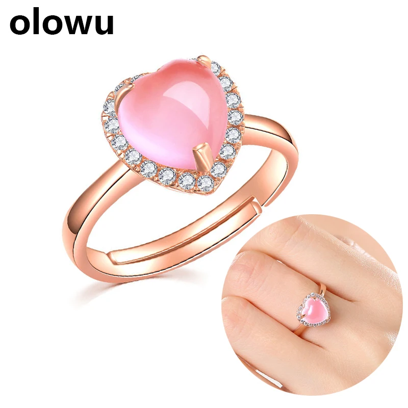 

olowu Natural Stone Pink Color Ross Quartz Love Ring Lover's Gift Heart Rings Rose Gold Cubic Zirconia Crystal Adjustable Ring