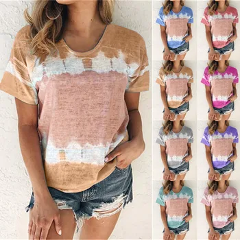 

2020 Summe Women Tie Dye Pinted Gradient Short Sleeve Round Collar Loose T-shirt