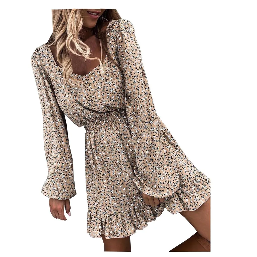 

Fashion Women Strapless Dress Summer Beach Casual Evening Short Mini Dress Ladies Long Sleeve Elastic Waist Ruffle Print Dress
