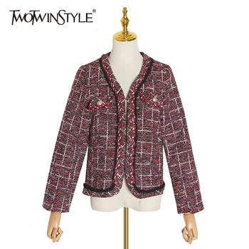 

TWOTWINSTYLE Plaid Black Patchwork Tweed Women's Blazer V Neck Long Sleeve Pocket Elegant Female Suit Autumn Fashion New 2020