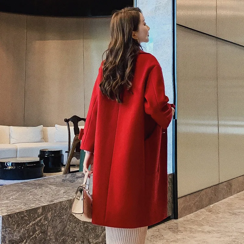 Осень Зима Новое корейское женское Красное Свободное длинное пальто модная шерстяная куртка женские элегантные куртки пальто черный верх