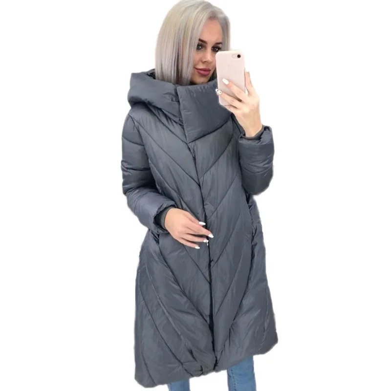 gray jacket FORERUN, зимнее длинное пальто для женщин, негабаритная куртка, однотонная парка с капюшоном, утепленные куртки, Chaqueta Mujer Manteau long Femme Hiver - Цвет: gray jacket