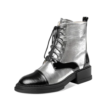 

Mixed Colors Ladies Boots Genuine Leather lace ip Thick low Heels Pumps Winterautumn Fashion Party Basic Shoes Woman
