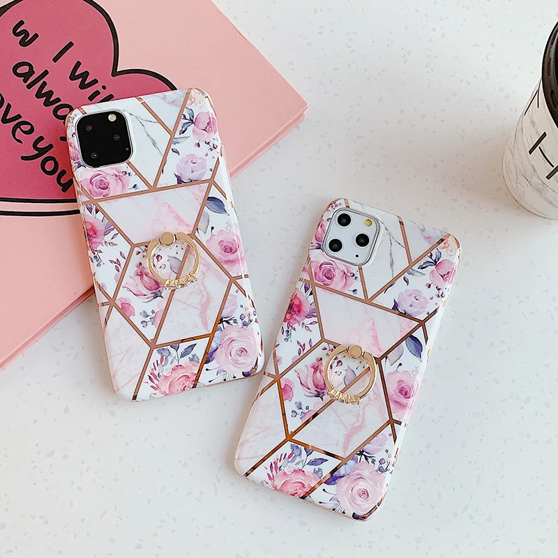 

SUEF Vintage Flowers Soft TPU Plating Cover Case For iPhone 11 Pro Max 6 7 6s Plus Phone Bags Ring Finger Funda Anti-knock Coque