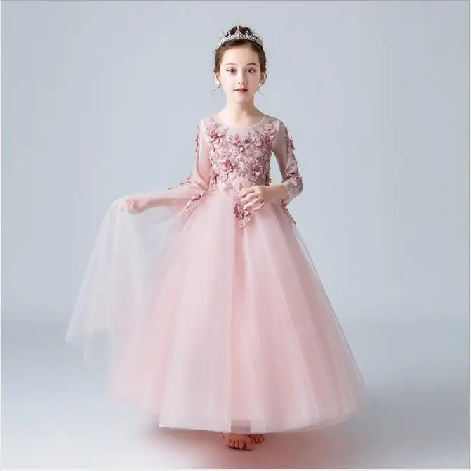 Розовые кружевные платья с цветочным узором для девочек; длинное бальное платье с аппликацией; платья для первого причастия; Детские вечерние платья принцессы для свадебной вечеринки для девочек; vestidos
