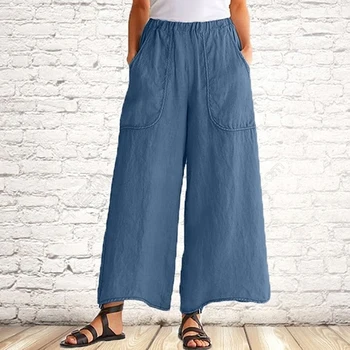 

Women Wide Leg Pants Oversize Pockets Wide Leg Pant Female Loose Trousers Autumn Elastic Waist Loose Cotton Linen Trousers