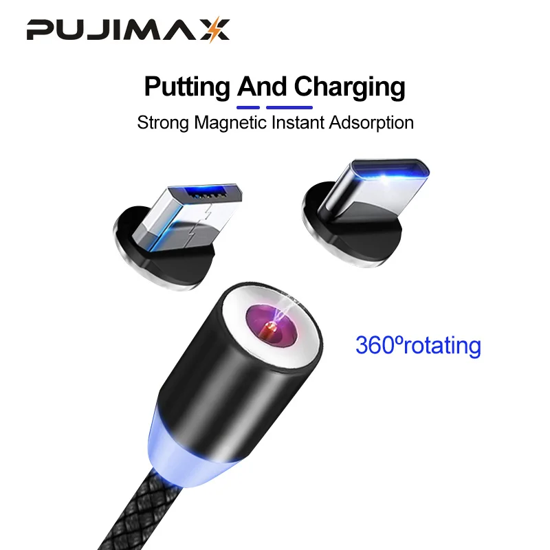 

PUJIMAX 1M 3 IN 1 Magnetic Cable USB Type C Cable & Micro USB Cable Nylon Braided LED Indicator charging Magnet Charger Cable