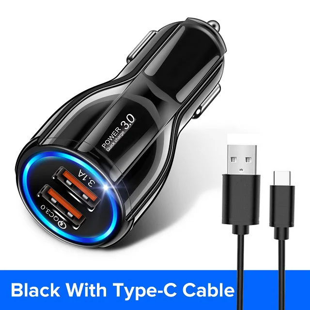 18W 3.1A Dual USB Car Charger for Phone Quick Charge 3.0 Fast USB Charger For Samsung iPhone Xiaomi Mobile Phone Charger in Car - Тип штекера: Black and  1m Cable