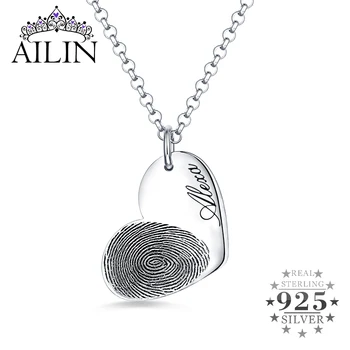 

AILIN 925 Sterling Silver Fingerprint Heart Custom Necklace With Engraving Name Men Women Personalized Jewelry For Family Gifts