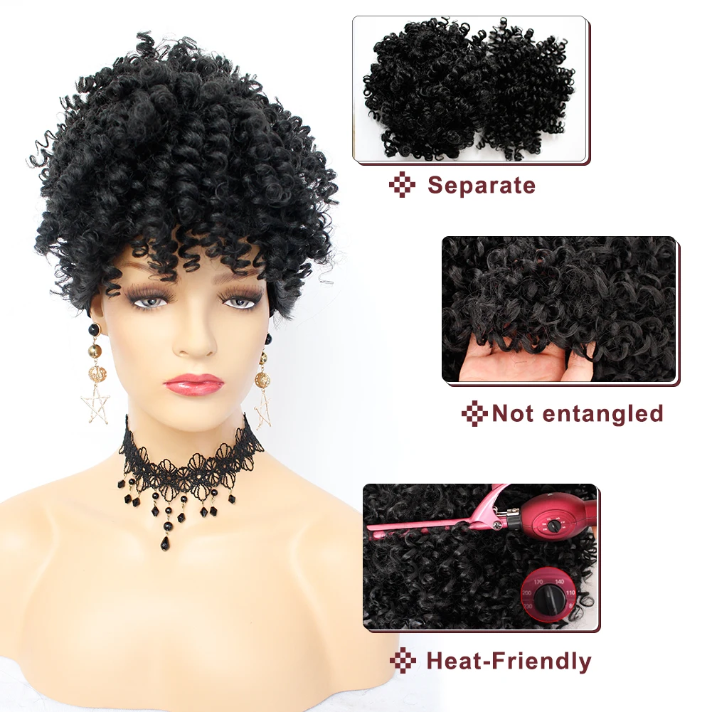 Ebingoo Kinky Curly updos Afro Ponytail Extension Hair piece Bangs Black Heat Resistant Futura Fiber Synthetic Wig
