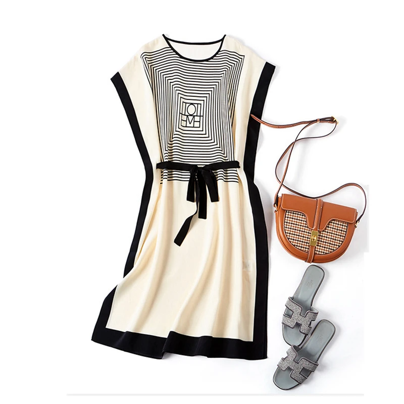 100% Silk Dress Women Elegant Design Printed Loose