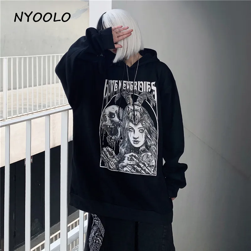 NYOOLO Harajuku уличная ведьма череп буквы печати теплые толстовки осень зима с длинным рукавом капюшоном пуловеры флис Толстовка для женщин