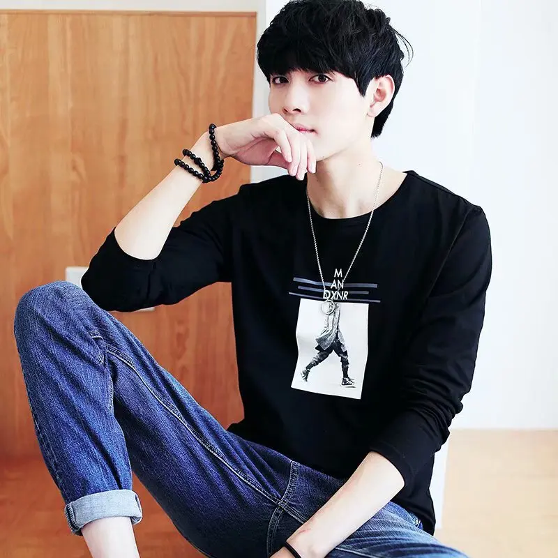 

6851 Spring New Style Long-sleeved T-shirt Men's Crew Neck Korean-style Trend Students Handsome Men Slim Fit on Clothes Men'S We