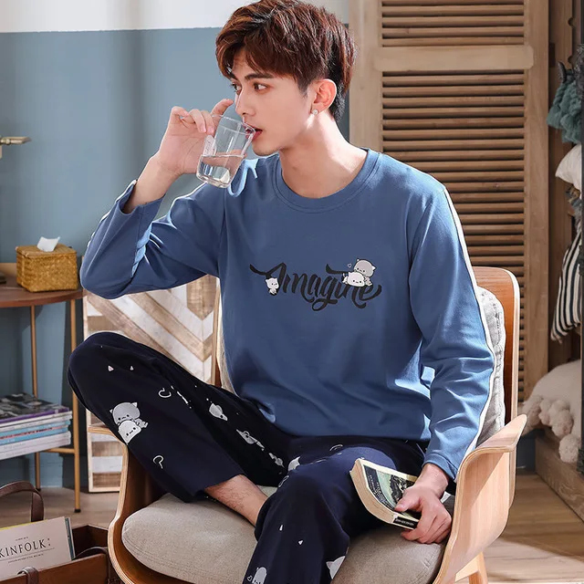 Men's Pajamas set autumn cotton long-sleeved Female cartoon thin Sleepwear spring plus size two-piece suit trousers and top Men's Pajamas set autumn cotton long-sleeved Female cartoon thin Sleepwear spring plus size two-piece suit trousers and top