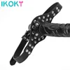 IKOKY Silicone Double-Ended Dildos Gag Strap On Open Mouth Dong Plug With Locking Buckles Leather Harness Bondage For Couples 1