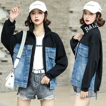 

Women's Spring Autumn Denim Coat 2020 Fashion Korean Stitching Stand Collar Trendy Cattle Casual Loose Women's denim jackets A37