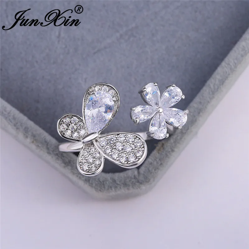 Unique Butterfly Flower Ring Silver Open Water Drop Zircon White Austrian Crystal Wedding Engagement Rings For Women Jewelry