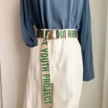 

Unisex Canvas Belts Letters Printed D Ring Double Buckle Women Waist Strap Men Belt white Wide Punk Teenager Long 130cm I8T6