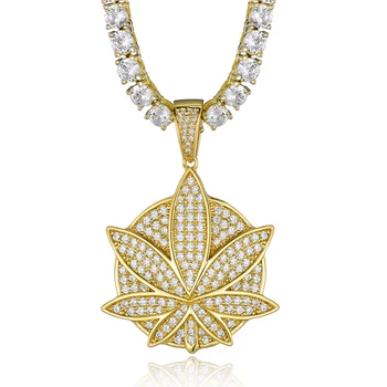 

HIP Hop Gold Color Bling Full AAA+ Cubic Zirconia Iced Out Hemp Leaf Pendants & Necklaces for Men Jewelry
