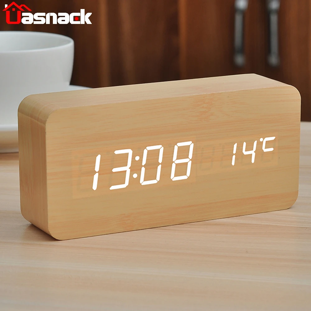 Alarm Clock Table LED Digital Wooden USB/AAA Powered Desk Temperature Humidity Voice Control Electronic Home Decor | Дом и сад