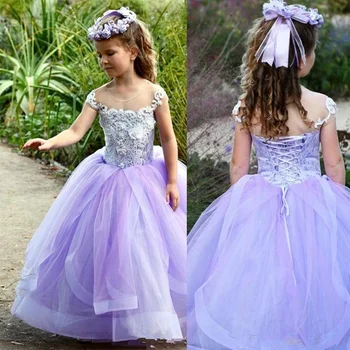 

Wedding Flower Girl Dresses Sheer Neck Lace Appliques -3D Princess Party Gowns Puffy Tulle First Girl Communion Pageant Gown