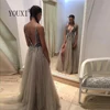 Beading Prom Dresses Long 2022 V Neck Light Gray High Split Tulle Sweep Train Sleeveless Evening Gown A-Line Backless Vestido De ► Photo 2/6