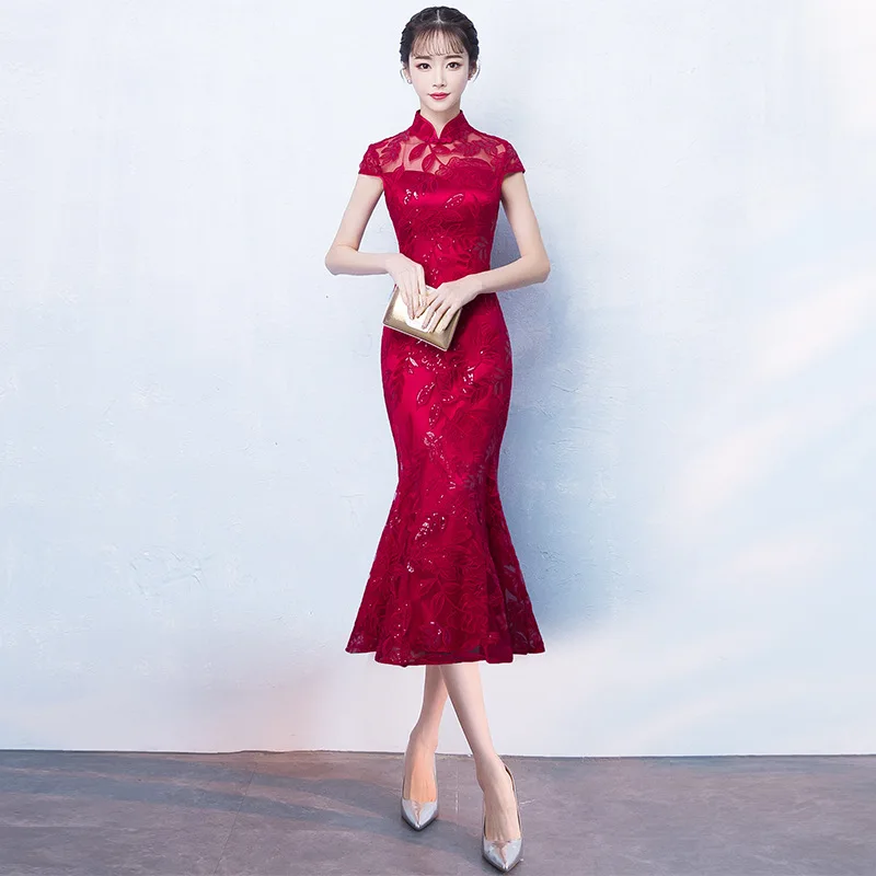 Cheongsam ретро полная длина cheongsam Классический Мандарин платье для выпускного вечера Длинная юбка Китай красный сексуальный Восточный Костюм