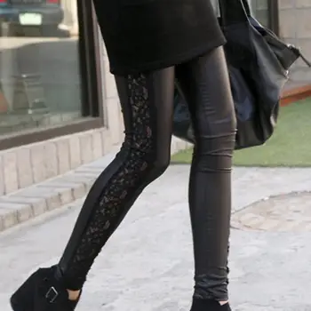 

Fashion Women Stretch Hollow Out Lace Stitching Faux Leather Leggings Skinny Leg Pants Faux Leather Ankle-Length Pants Trousers