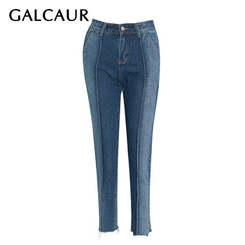 

GALCAUR Korean Patchwork Hit Color Denim Trouser Female High Waist Pocket Casual Pencil Pants For Women 2020 Fashion New Clothes