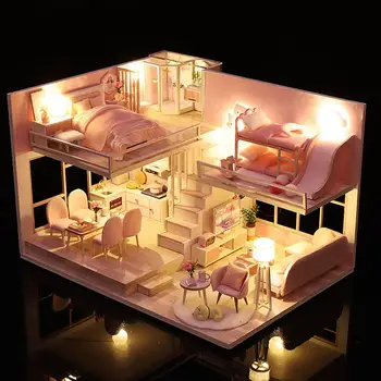 

DIY Dollhouse House Furniture Iniature 3D Wooden Miniaturas Dollhouse Toys With Light Mini Apartment Model Kit With Dust Cover