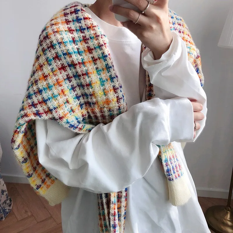 Nice Women Autumn Loose Long Sleeve Sweater Plaid Korean Knitted Pullovers Casual O-Neck Sweater Pu